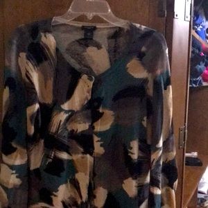 Ann Taylor Cardigan sweater. Black/ Tan / Green abstract print - like new!
